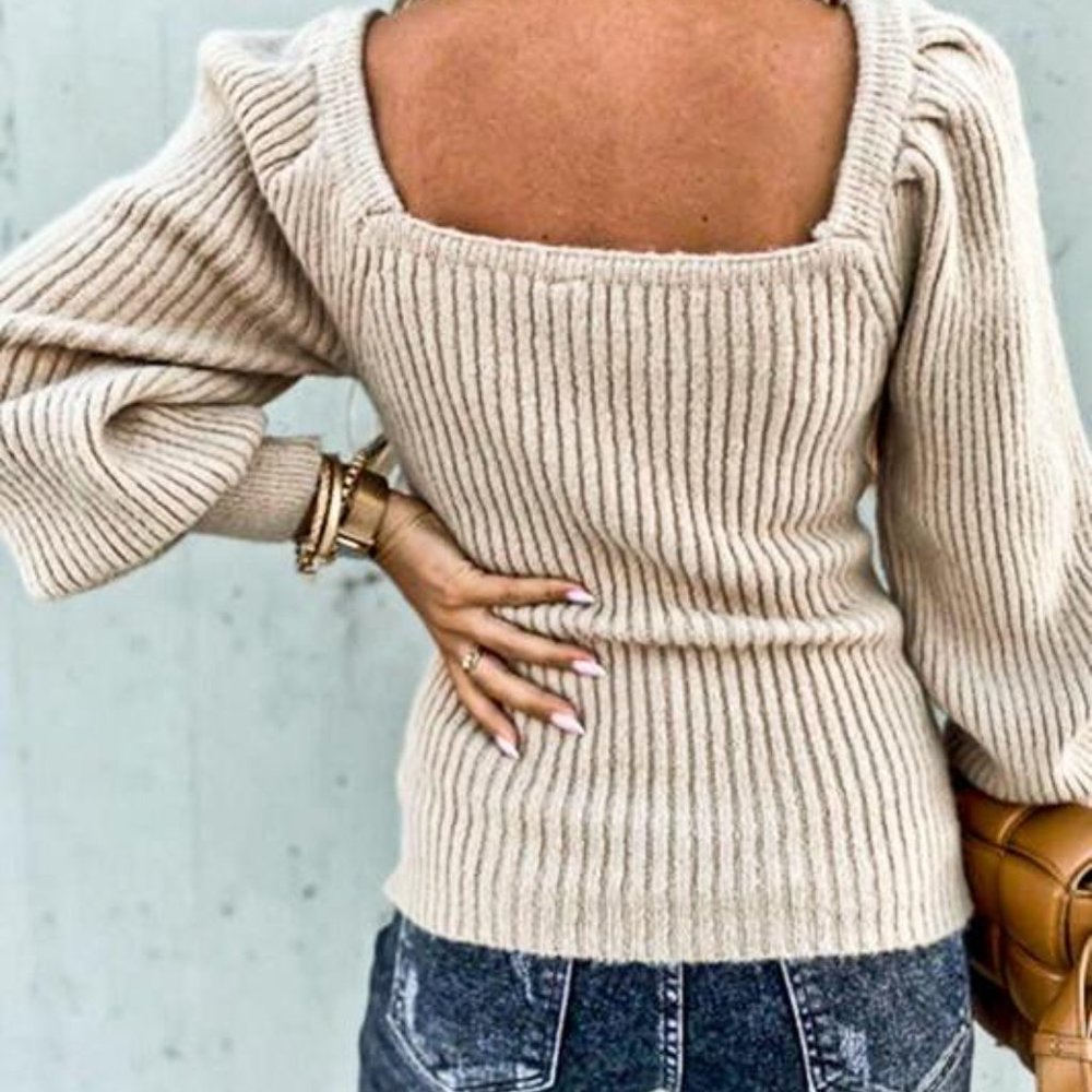 ONLY 1 LEFT! PUFF SHOULDER RIBBED SWEATER TOP - Picture 6 of 7